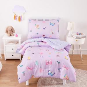 Wake In Cloud - Butterfly Toddler Bedding Set for Girls, Cute Colorful Butterfly with Floral Flowers, 4 Pieces Soft Crib Bed Set Including Comforter, Sheets and Pillowcase, Purple