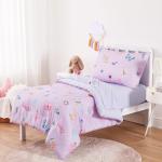 Wake In Cloud - Butterfly Toddler Bedding Set for Girls, Cute Colorful Butterfly with Floral Flowers, 4 Pieces Soft Crib Bed Set Including Comforter, Sheets and Pillowcase, Purple