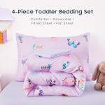 Wake In Cloud - Butterfly Toddler Bedding Set for Girls, Cute Colorful Butterfly with Floral Flowers, 4 Pieces Soft Crib Bed Set Including Comforter, Sheets and Pillowcase, Purple