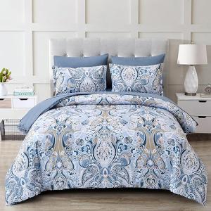 Drucon Blue Paisley Comforter Set Queen, 7 Pieces Bed in a Bag Boho Comforter Soft Microfiber Blue Paisley Bedding(1 Comforter, 1 Flat Sheet, 1 Fitted Sheet, 2 Pillow Shams, 2 Pillowcases)