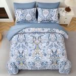 Drucon Blue Paisley Comforter Set Queen, 7 Pieces Bed in a Bag Boho Comforter Soft Microfiber Blue Paisley Bedding(1 Comforter, 1 Flat Sheet, 1 Fitted Sheet, 2 Pillow Shams, 2 Pillowcases)