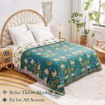 XIBLC Boho Throw Blanket, 100% Cotton Ultra Soft Luxury Fall Throw Rustic Quilt, 50"x60" Floral Printed Farmhouse Decor Bed Summer Blankets, All Season Rustic Reversible Bohemian Throw for Bed