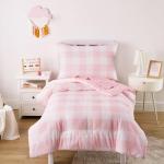 Wake In Cloud - Gingham Toddler Bedding Set for Girls Boys, Cute Plaid Buffalo Check, 4 Pieces Soft Crib Bed Set Including Comforter, Sheets and Pillowcase, Pink