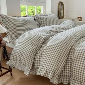NSNLGSGC Tan Gingham Ruffle Duvet Cover Queen Size, 3 Pieces Taupe Soft Pre-Washed Microfiber Checked Plaid Comforter Cover Set, Vintage Farmhouse Bedding Set(Tan Gingham, Queen 90"x90")