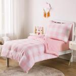 Wake In Cloud - Gingham Toddler Bedding Set for Girls Boys, Cute Plaid Buffalo Check, 4 Pieces Soft Crib Bed Set Including Comforter, Sheets and Pillowcase, Pink