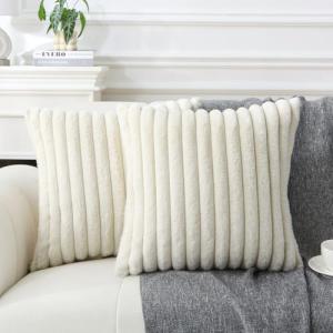 WHATWEARS Decorative Throw Pillow with Inserts, Set of 2 Soft Faux Fur Throw Pillows, Square Boho Striped Pillow for Couch, Bed, Sofa Decor(Beige, 16" x 16")