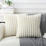 WHATWEARS Decorative Throw Pillow with Inserts, Set of 2 Soft Faux Fur Throw Pillows, Square Boho Striped Pillow for Couch, Bed, Sofa Decor(Beige, 16" x 16")