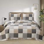 Ycosy Plaid Quilt Set Queen Size Lightweight Bedspread Set Grey Brown White Patchwork Quilts Reversible Coverlet with 2 Pillow Shams Soft Microfibers for All Season