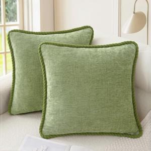 CaliTime Decorative Couch Throw Pillow Covers 18 X 18 Inches Pack of 2 Cozy Chenille Piping Edge Cushion Cases for Sofa Bed Living Room Home Sage Green