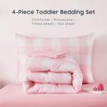 Wake In Cloud - Gingham Toddler Bedding Set for Girls Boys, Cute Plaid Buffalo Check, 4 Pieces Soft Crib Bed Set Including Comforter, Sheets and Pillowcase, Pink