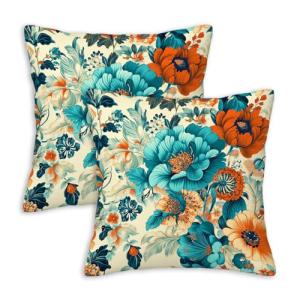 ZibZorp Teal Orange Floral Pillow Covers 18x18 Set of 2 | Vintage Botanical Decorative Cushion Cases | Colorful Flower Pillowcases | Elegant Throw Covers for Sofa Living Room Bedroom Decor