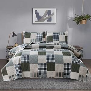 Jessy Home Bedspread Set King Size Quilt Set Bedding Lightweight Bedspread Plaid Patchwork Bedding Reversible Quilt Stripe Line Style Mens Quilts Coverlet Soft Breathable Bedspread King Bed