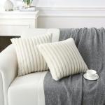 WHATWEARS Decorative Throw Pillow with Inserts, Set of 2 Soft Faux Fur Throw Pillows, Square Boho Striped Pillow for Couch, Bed, Sofa Decor(Beige, 16" x 16")