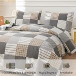 Ycosy Plaid Quilt Set Queen Size Lightweight Bedspread Set Grey Brown White Patchwork Quilts Reversible Coverlet with 2 Pillow Shams Soft Microfibers for All Season