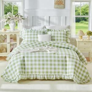 Joyreap 3pcs Ruffle Quilt Set Queen, Sage Green Gingham Plaid Ruffled Design, Soft Cozy Microfiber Farmhouse Bedspread Coverlet for All Season- 90x90 inches