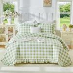 Joyreap 3pcs Ruffle Quilt Set Queen, Sage Green Gingham Plaid Ruffled Design, Soft Cozy Microfiber Farmhouse Bedspread Coverlet for All Season- 90x90 inches