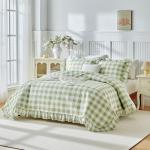 Joyreap 3pcs Ruffle Quilt Set Queen, Sage Green Gingham Plaid Ruffled Design, Soft Cozy Microfiber Farmhouse Bedspread Coverlet for All Season- 90x90 inches