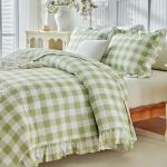 Joyreap 3pcs Ruffle Quilt Set Queen, Sage Green Gingham Plaid Ruffled Design, Soft Cozy Microfiber Farmhouse Bedspread Coverlet for All Season- 90x90 inches