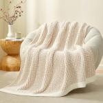 Snuggle Sac Cream Waffle Throw Blanket for Couch Bed Sofa 50x60 inches, Reversible Beige Blanket Microfiber Fluffy Fuzzy Cozy Knit Soft Throws for Women Mothers Birthday Gifts