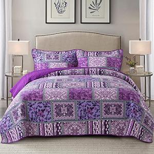 NEWLAKE Cotton Bedspread Quilt Sets-Reversible Patchwork Coverlet Set, Purple Classic Bohemian Pattern,Queen Size