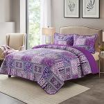 NEWLAKE Cotton Bedspread Quilt Sets-Reversible Patchwork Coverlet Set, Purple Classic Bohemian Pattern,Queen Size