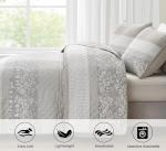 Chezmoi Collection Robyn 3-Piece Neutral Taupe Gray White Floral Hibiscus Flower Patchwork Striped Quilt Set - Pre-Washed Cotton Coverlet - Lightweight Reversible Bedspread, Queen Size