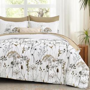 Yiran Floral Full Size Comforter Set, Khaki Dandelion Plant Botanical Comforter Bedding Set, 7 Piece Fall Winter Bed in a Bag, Soft Microfiber Complete Bedding Set with Sheets for All Season