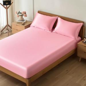 VACVELT 3-Piece Satin Fitted Sheet Set Queen Size, Pink Bottom Bed Sheet with 2 Pillowcases, Similar to Silk Sheets, Luxury & Silky Bedding Set, 15 Inch Deep Pocket