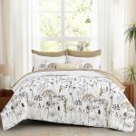 Yiran Floral Full Size Comforter Set, Khaki Dandelion Plant Botanical Comforter Bedding Set, 7 Piece Fall Winter Bed in a Bag, Soft Microfiber Complete Bedding Set with Sheets for All Season