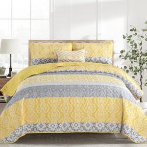 DJY Boho Quilt Set Queen Size, 3 Pieces Yellow Grey Boho Striped Bedspread Coverlet Set with 2 Pillowcases, Soft Microfiber Bohemian Patchwork Farmhouse Bedding Set All Season (96"x90")