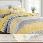 DJY Boho Quilt Set Queen Size, 3 Pieces Yellow Grey Boho Striped Bedspread Coverlet Set with 2 Pillowcases, Soft Microfiber Bohemian Patchwork Farmhouse Bedding Set All Season (96"x90")