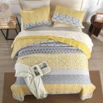 DJY Boho Quilt Set Queen Size, 3 Pieces Yellow Grey Boho Striped Bedspread Coverlet Set with 2 Pillowcases, Soft Microfiber Bohemian Patchwork Farmhouse Bedding Set All Season (96"x90")