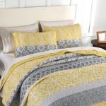 DJY Boho Quilt Set Queen Size, 3 Pieces Yellow Grey Boho Striped Bedspread Coverlet Set with 2 Pillowcases, Soft Microfiber Bohemian Patchwork Farmhouse Bedding Set All Season (96"x90")