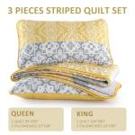 DJY Boho Quilt Set Queen Size, 3 Pieces Yellow Grey Boho Striped Bedspread Coverlet Set with 2 Pillowcases, Soft Microfiber Bohemian Patchwork Farmhouse Bedding Set All Season (96"x90")