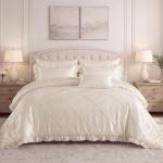 Satin Comforter Set Queen Beige Sheet Set Silk Like Bedding Set Silky Bed in a Bag 8 Pcs Pinch Pleat Bed Set Home Decor Luxury Hotel Silky Ruffle Comforters with 1 Cushion Cover