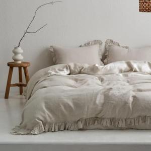 Simple&Opulence 100% Linen Duvet Cover Set, 3 PCS Natural French Flax Ruffle Duvet Cover King Size, Breathable Comfy Linen Bedding Comforter Cover with 2 Pillowcases (Natural Linen, 104" X 92")