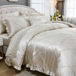 Satin Comforter Set Queen Beige Sheet Set Silk Like Bedding Set Silky Bed in a Bag 8 Pcs Pinch Pleat Bed Set Home Decor Luxury Hotel Silky Ruffle Comforters with 1 Cushion Cover