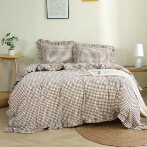 Silnuo Taupe/White Plaid Ruffle Duvet Cover Queen Size,100% Washed Cotton 3 Pcs Vintage Checkered Chic Gingham Bedding Set Comforter Cover Set