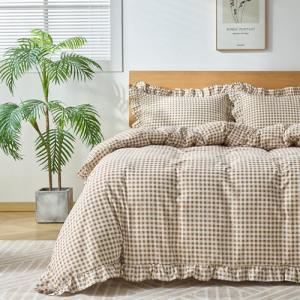 kisswish Gingham Duvet Cover Queen Size, 3 Pieces Soft Breathable Microfiber Plaid Comforter Cover with Zipper Closure & 2 Pillow Shams, Ruffle Farmhouse Vintage Decor, Taupe