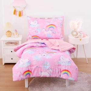 Wake In Cloud - Toddler Bedding Set for Girls, Colorful Unicorn Castle Rainbow, 4 Pieces Soft Crib Bed Set Including Comforter, Sheets and Pillowcase, Pink