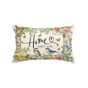 AVOIN colorlife Home Sweet Home Birds Floral Throw Pillow Cover, 12 x 20 Inch Spring Summer Flowers Cushion Case Decoration for Sofa Couch Living Room Bedroom Decor