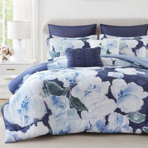 Madison Park 7-Piece Comforter Set, Floral Print, Breathable & Smooth Cotton Sateen Bedding with Euro Shams, Queen, Blue