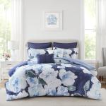 Madison Park 7-Piece Comforter Set, Floral Print, Breathable & Smooth Cotton Sateen Bedding with Euro Shams, Queen, Blue