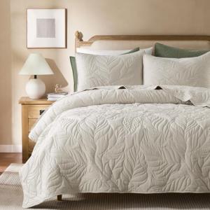 R.SHARE Beige Queen Size Quilt Set, Neutral Soft Lightweight Bedspread, Farmhouse Rustic Country Coverlet, Leaf Pattern Bedding with 2 Shams, 3 Pieces Spring Summer Thin Comforter