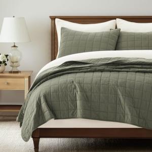 EVERGRACEHOME 100% Cotton Box Stitch Quilt Bedding Set Queen Size 3 Pieces, Garment-Washed Lightweight Soft Cozy Coverlet, Quilted Bedspread Sets with 2 Shams for All Season, Olive Green