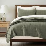 EVERGRACEHOME 100% Cotton Box Stitch Quilt Bedding Set Queen Size 3 Pieces, Garment-Washed Lightweight Soft Cozy Coverlet, Quilted Bedspread Sets with 2 Shams for All Season, Olive Green