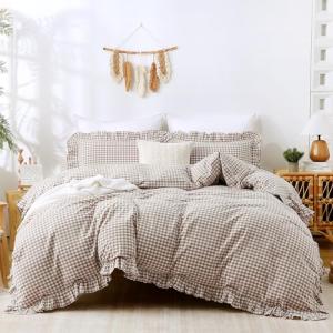 ATsense Tan Gingham Duvet Cover Bedding Set 100% Washed Cotton Like Linen Feel Soft Breathable 3 Pcs Brown Plaid Checkered Cute Ruffle Comforter Cover Set (Queen 90"x90", No Comforter)
