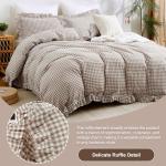 ATsense Tan Gingham Duvet Cover Bedding Set 100% Washed Cotton Like Linen Feel Soft Breathable 3 Pcs Brown Plaid Checkered Cute Ruffle Comforter Cover Set (Queen 90"x90", No Comforter)