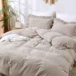 ATsense Tan Gingham Duvet Cover Bedding Set 100% Washed Cotton Like Linen Feel Soft Breathable 3 Pcs Brown Plaid Checkered Cute Ruffle Comforter Cover Set (Queen 90"x90", No Comforter)