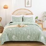 JANZAA Quilt King Size Sage Green Quilt Bed Spread Boho Quilt with Floral Pattern Microfiber Quilts Set 3 Pieces Lightweight Comforter Reversible Bedding Set 1 King Size Quilts and 2 Pillowcases